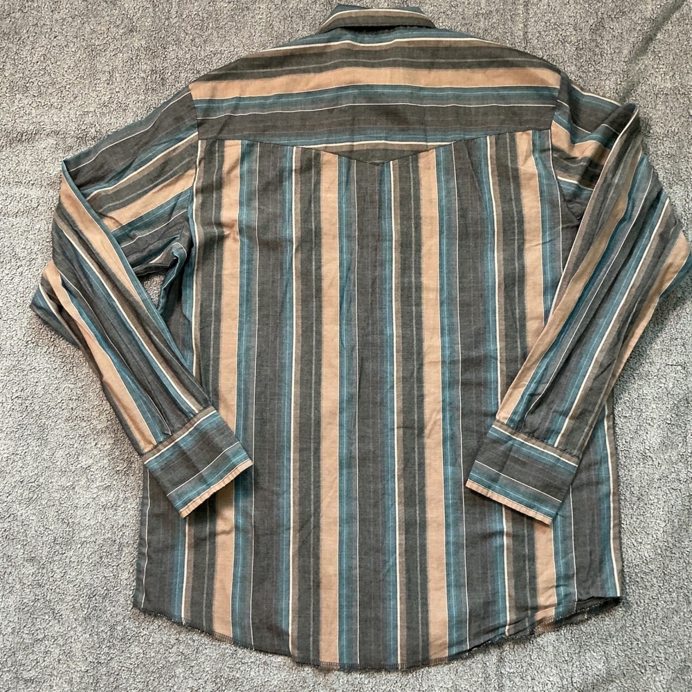 Wrangler Western Shirt Mens Large Blue Brown Striped Pearl Snap Long Sleeve L - Picture 7 of 8